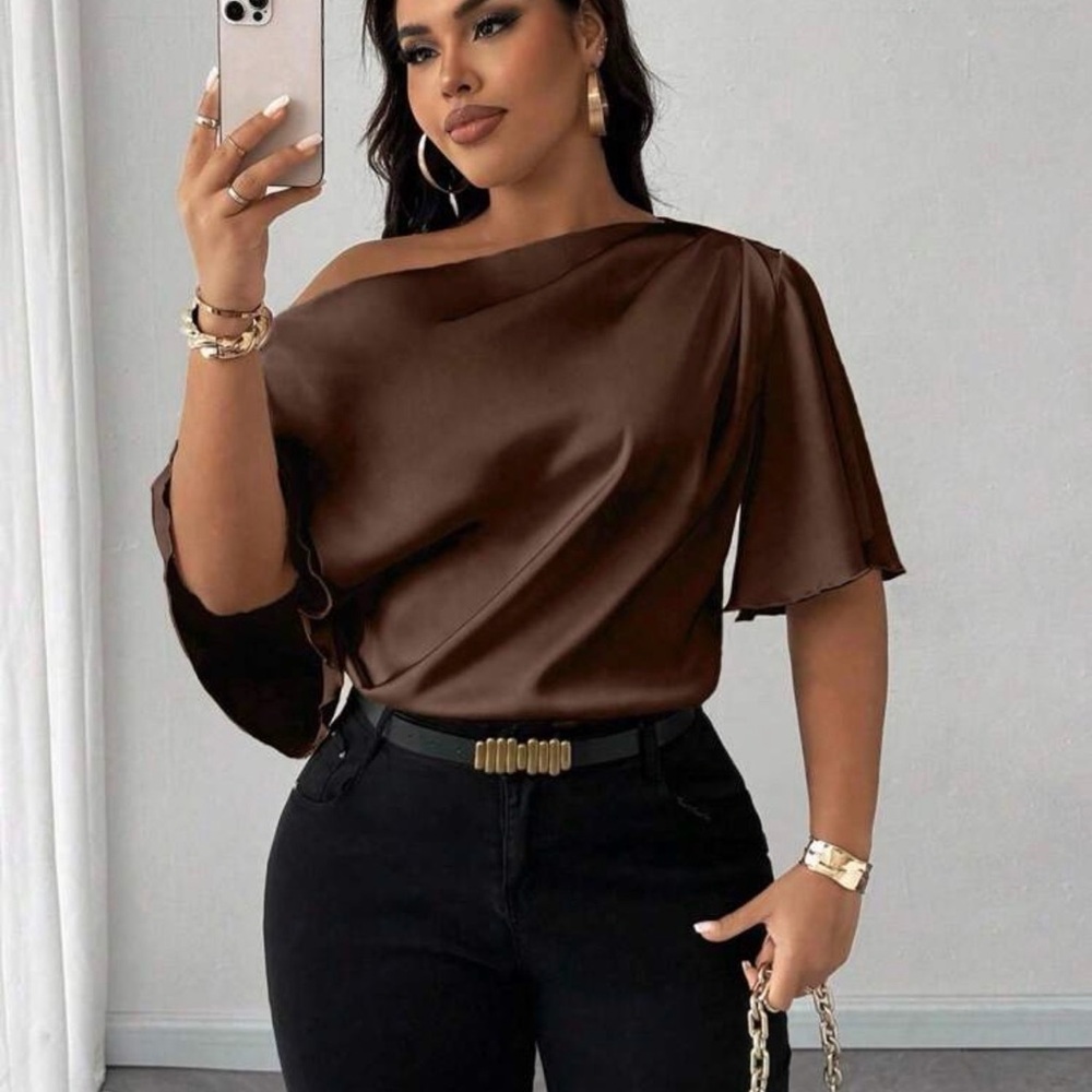 BNWT (still in bag) One-Shoulder Satin Blouse in Chocolate Brown